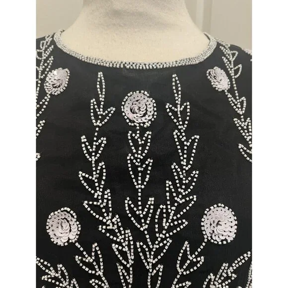 Vtg Stenay silk beaded blk white top evening long sleeves scalloped hem size M/L - Picture 3 of 8